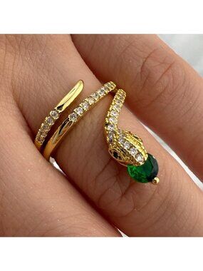Serpent serpentine Gold Snake Ring – Green Crystal Adjustable Statement